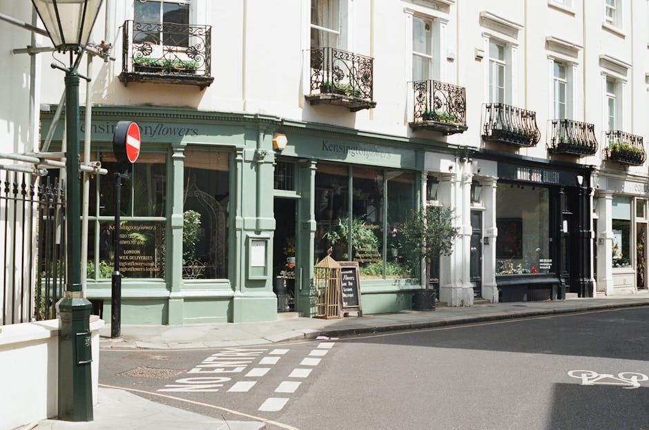 Exterior view of a quiet street in South Kensington featuring a row of elegant, multi-story shops with large glass display windows and ornate balcony railings. The ground level includes a flower shop with a pastel green facade displaying potted plants and floral arrangements, alongside a black storefront with a sign for art gallery. The street has a bicycle lane marked with white paint, and a no-entry traffic sign mounted on a pole near the flower shop. The scene is illuminated by natural daylight, highlighting the clean and well-maintained surfaces of the building facades, windows, and street. Cleaner South Kensington provides professional domestic and commercial cleaning services aimed at maintaining the hygiene and cleanliness of properties like these, ensuring surfaces remain spotless and visually appealing.